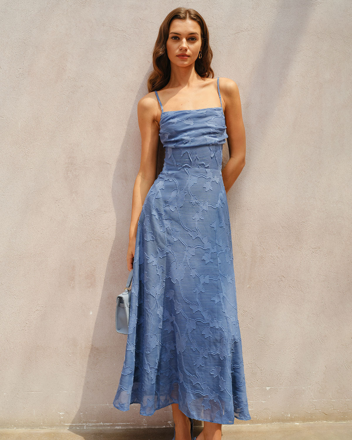 Blue Jacquard Maxi Dress with Ruching