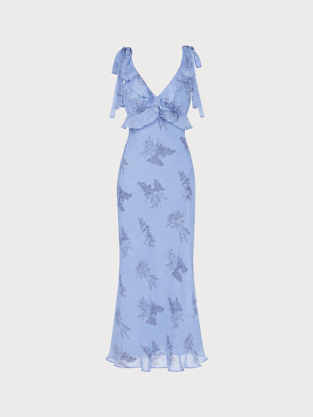 Blue Floral Maxi Dress with Ruffles and Bow Straps