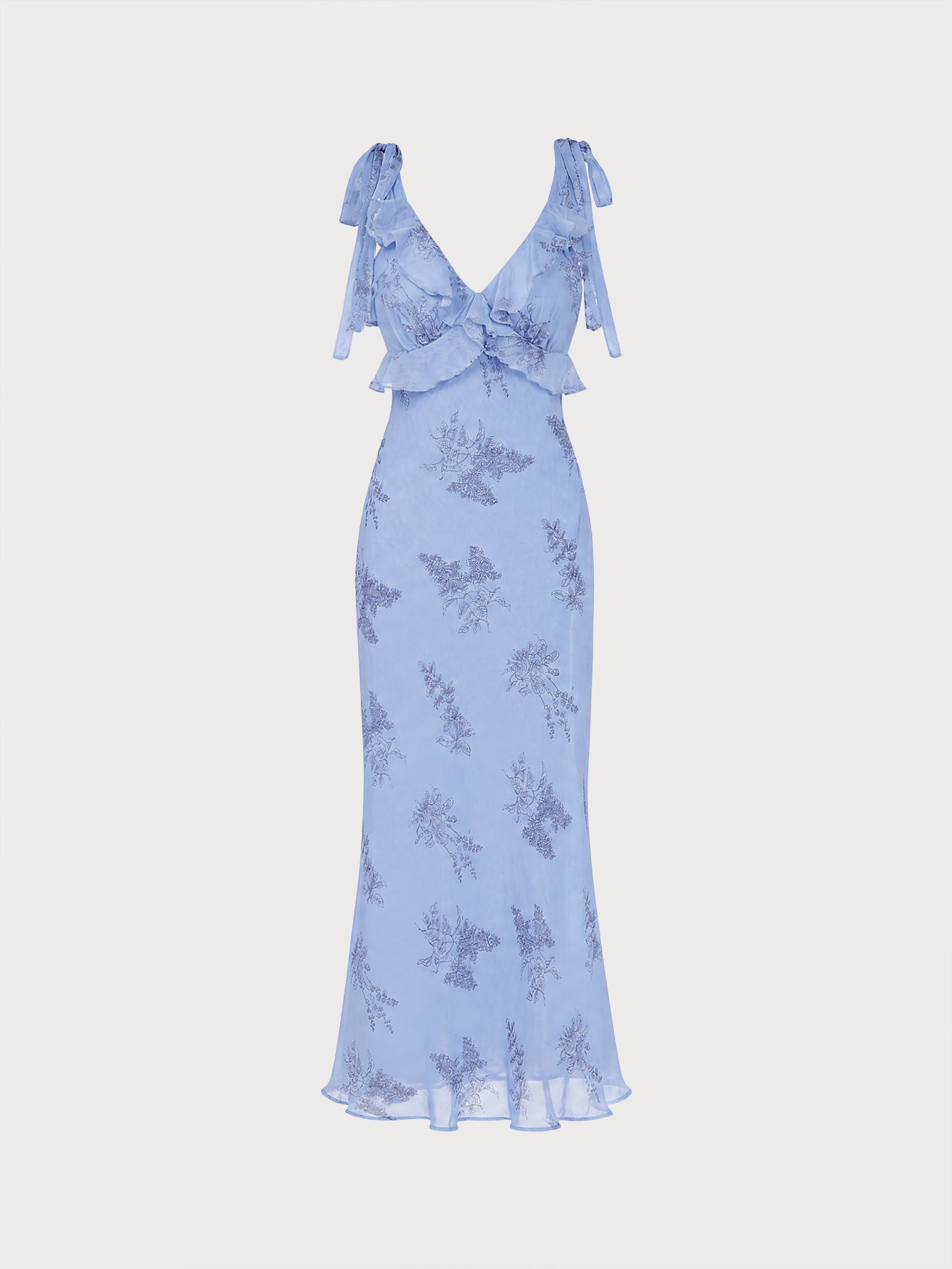 Blue Floral Maxi Dress with Ruffles and Bow Straps