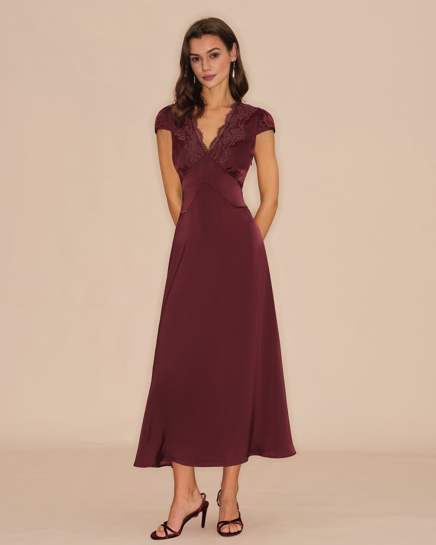 Wine Red Lace Maxi Dress with V-Neck