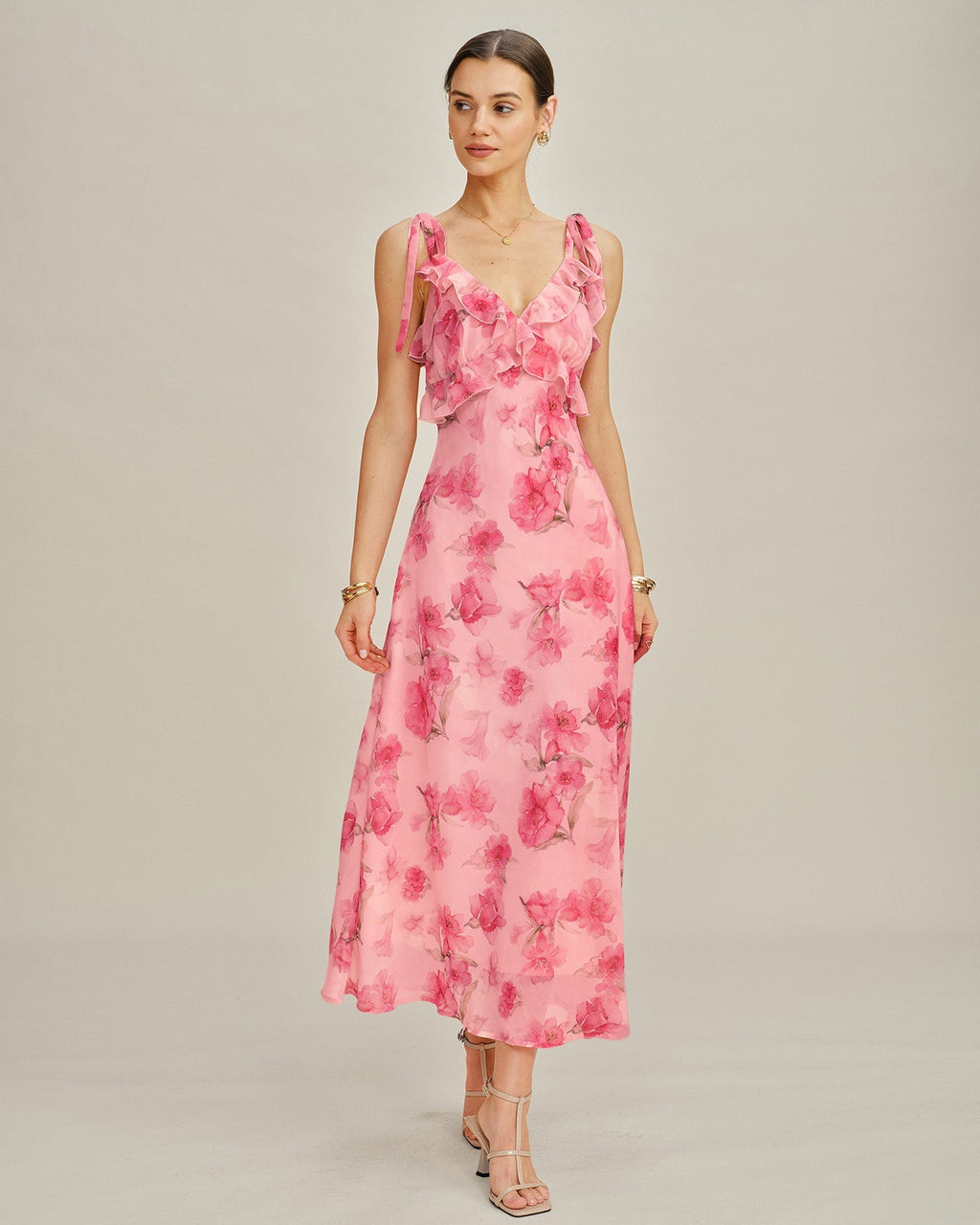 Pink Floral Chiffon Slip Maxi Dress with Ruffles