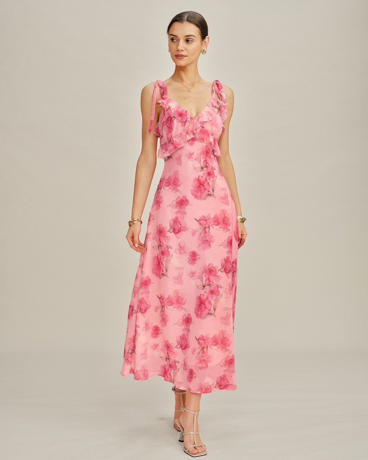 Pink Floral Chiffon Slip Maxi Dress with Ruffles