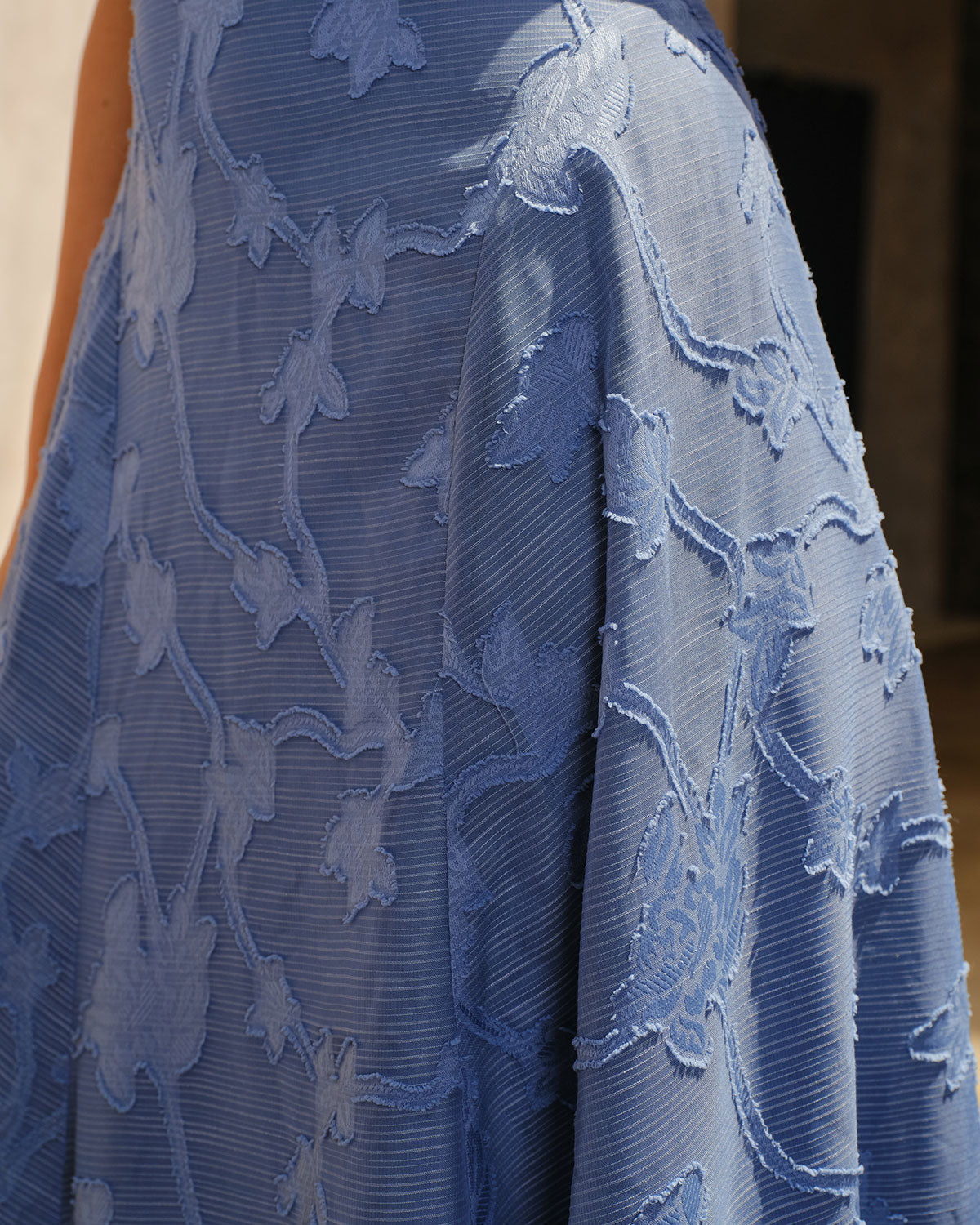 Blue Jacquard Maxi Dress with Ruching