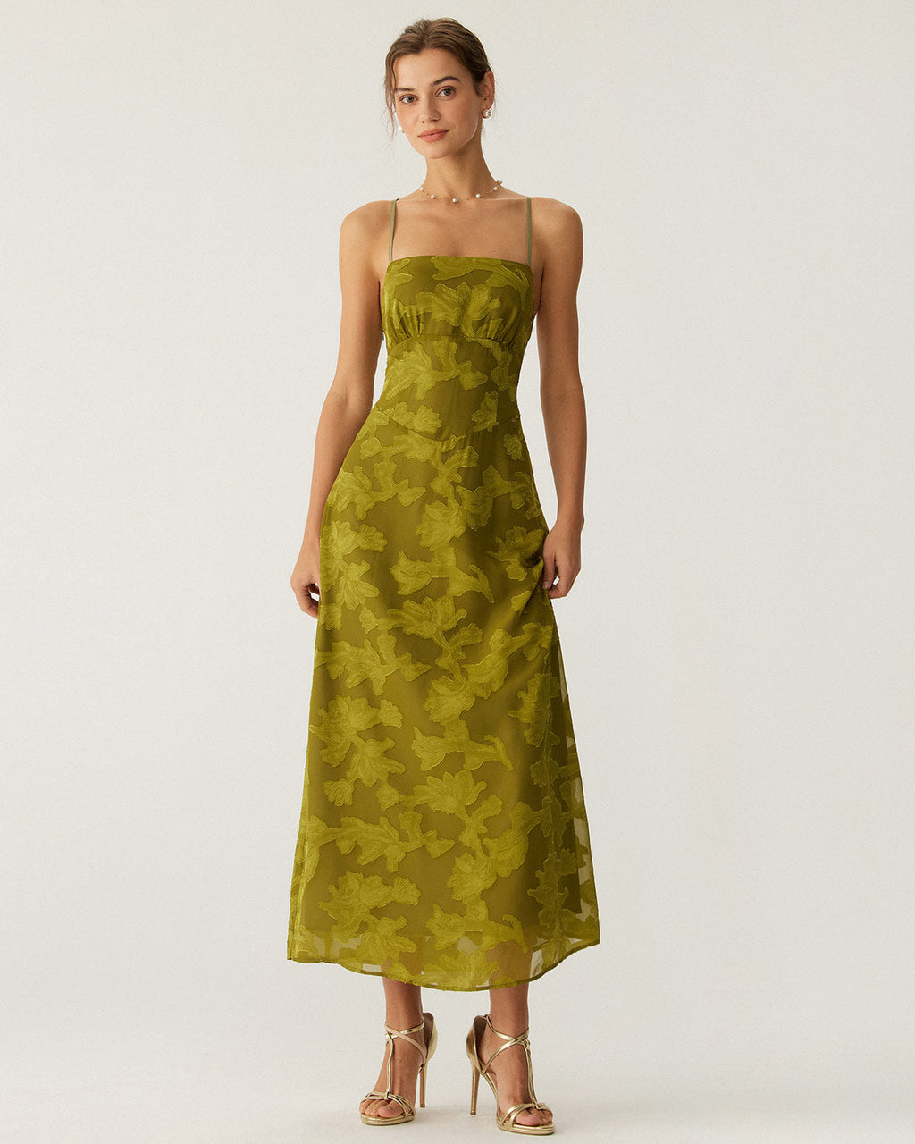Green Floral Slip Maxi Dress with Ruching and Open Back