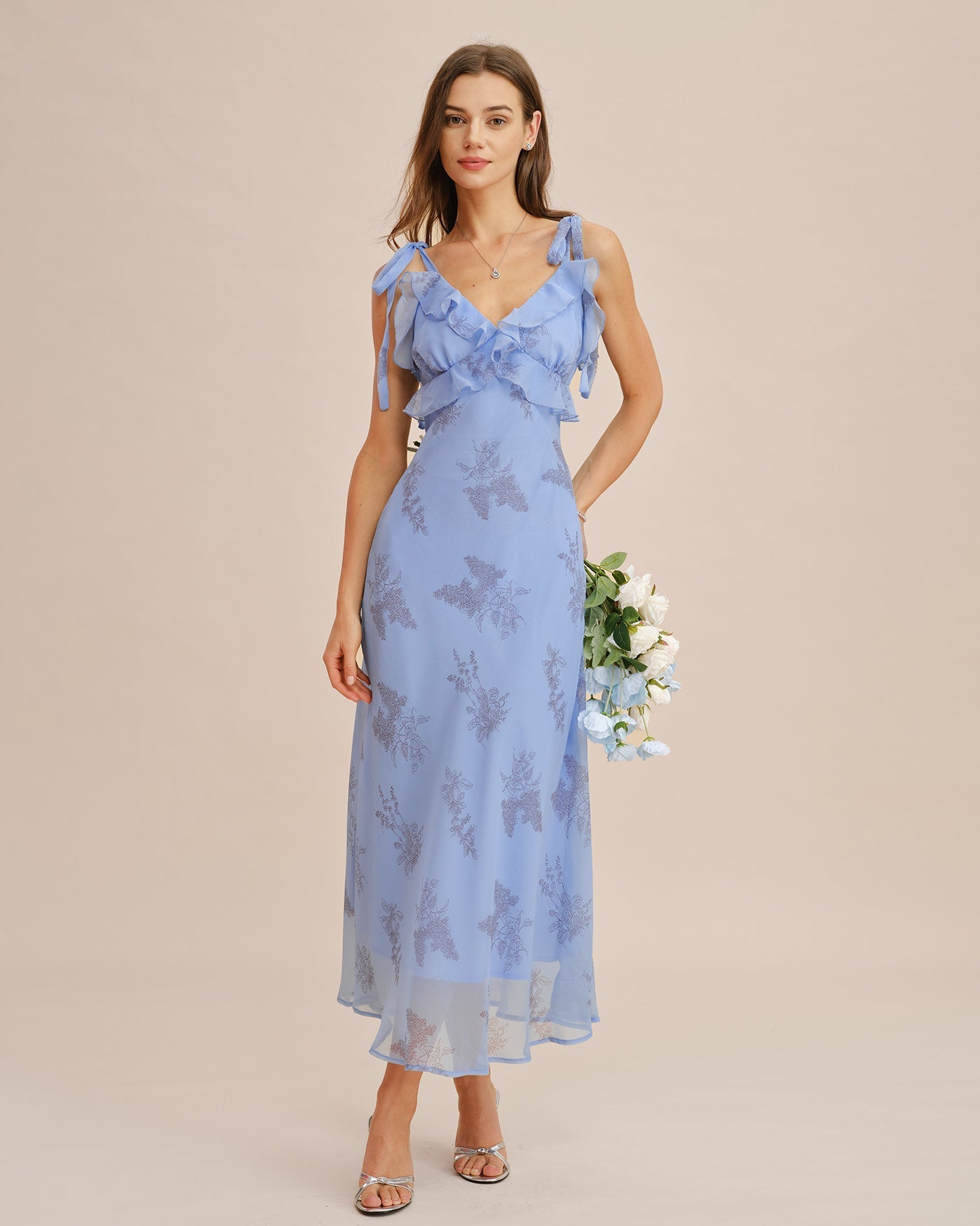 Blue Floral Maxi Dress with Ruffles and Bow Straps