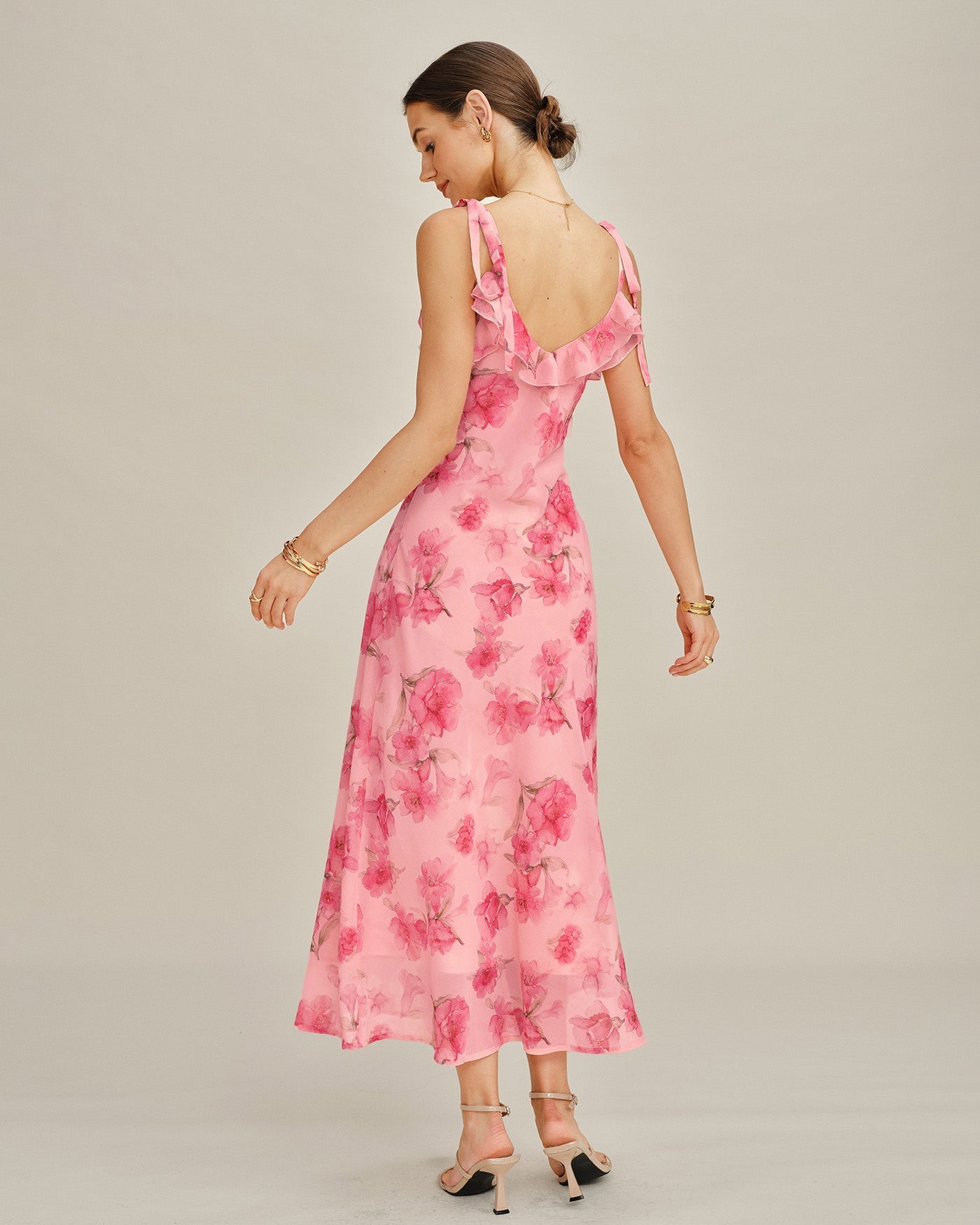 Pink Floral Chiffon Slip Maxi Dress with Ruffles