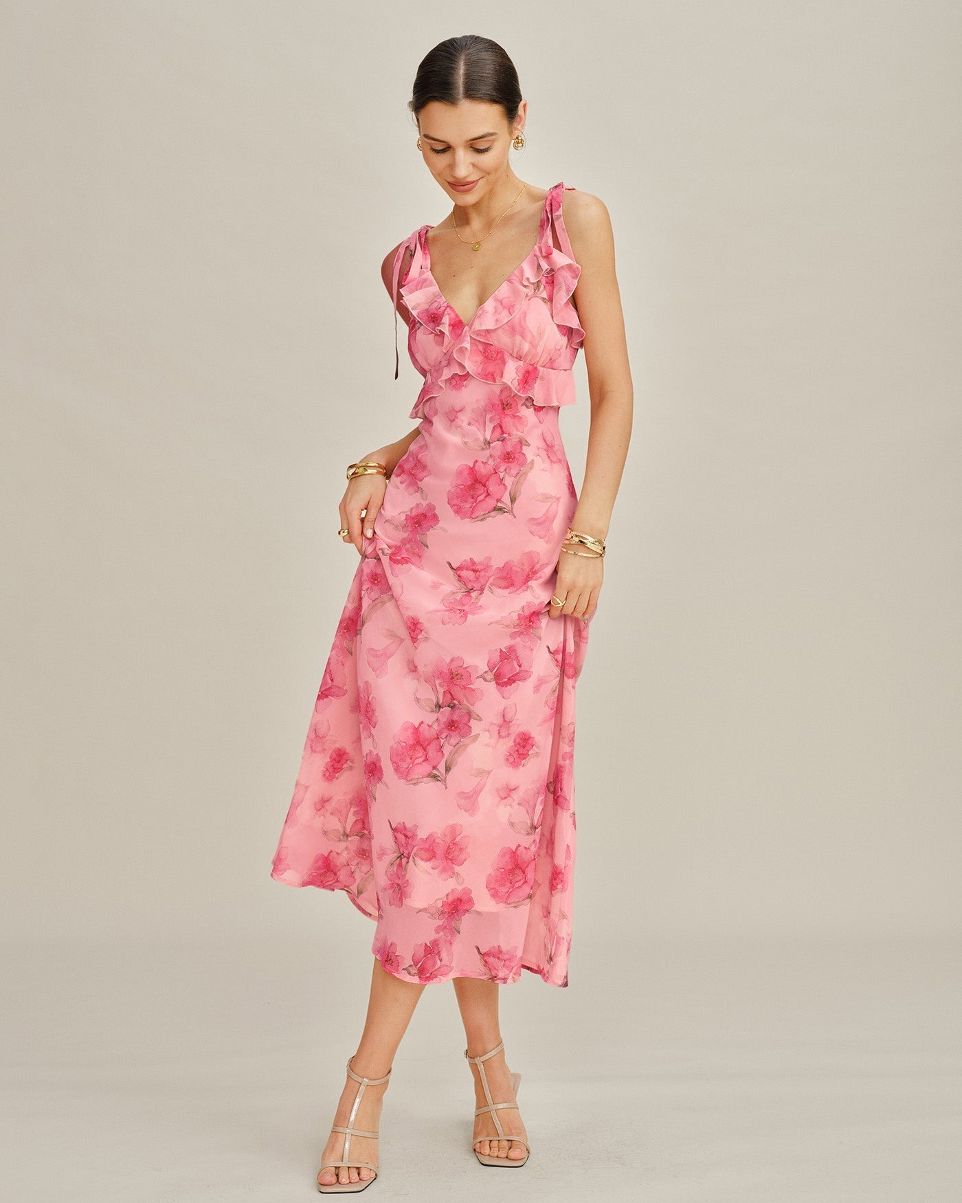 Pink Floral Chiffon Slip Maxi Dress with Ruffles