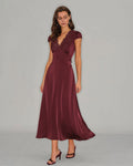 Wine Red Lace Maxi Dress with V-Neck