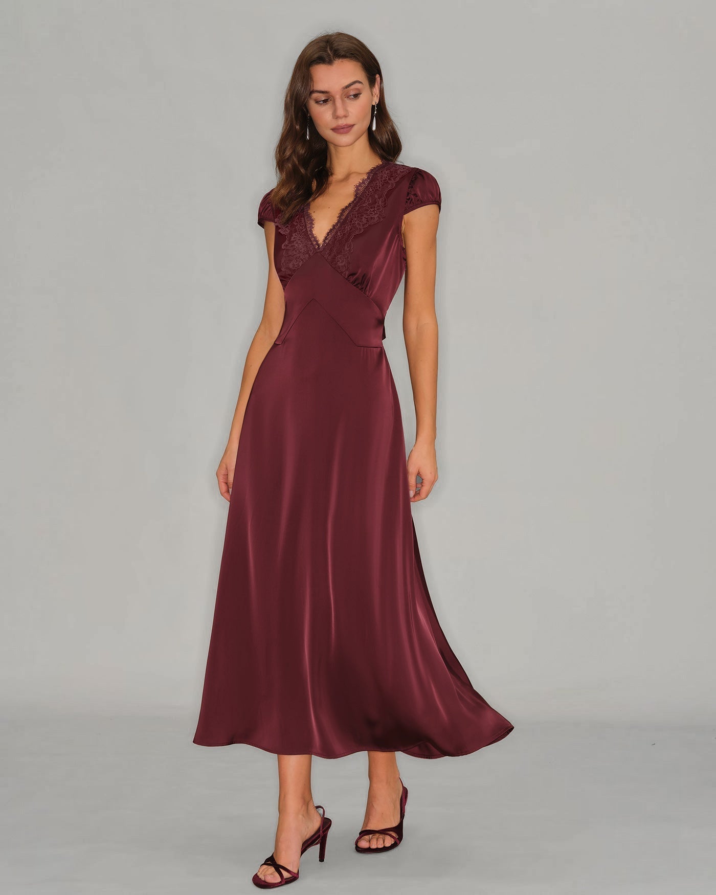 Wine Red Lace Maxi Dress with V-Neck