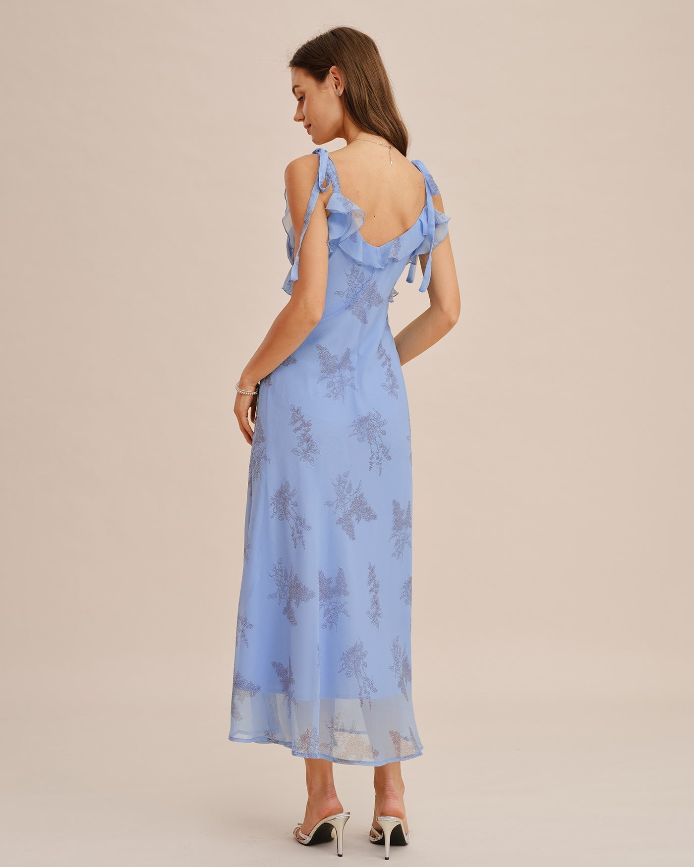 Blue Floral Maxi Dress with Ruffles and Bow Straps