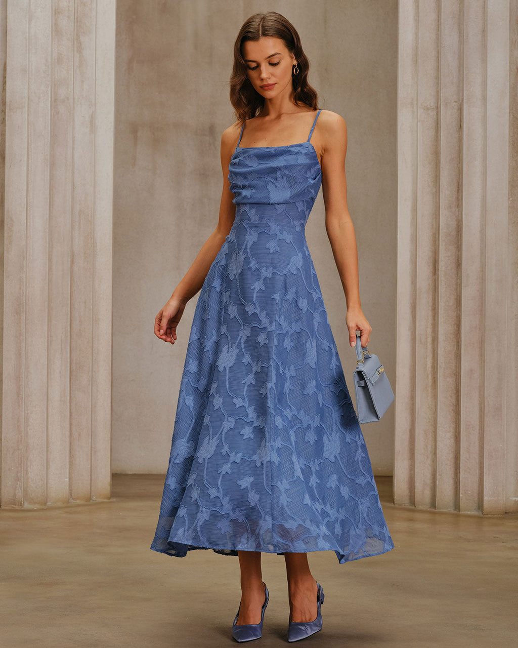 Blue Jacquard Maxi Dress with Ruching