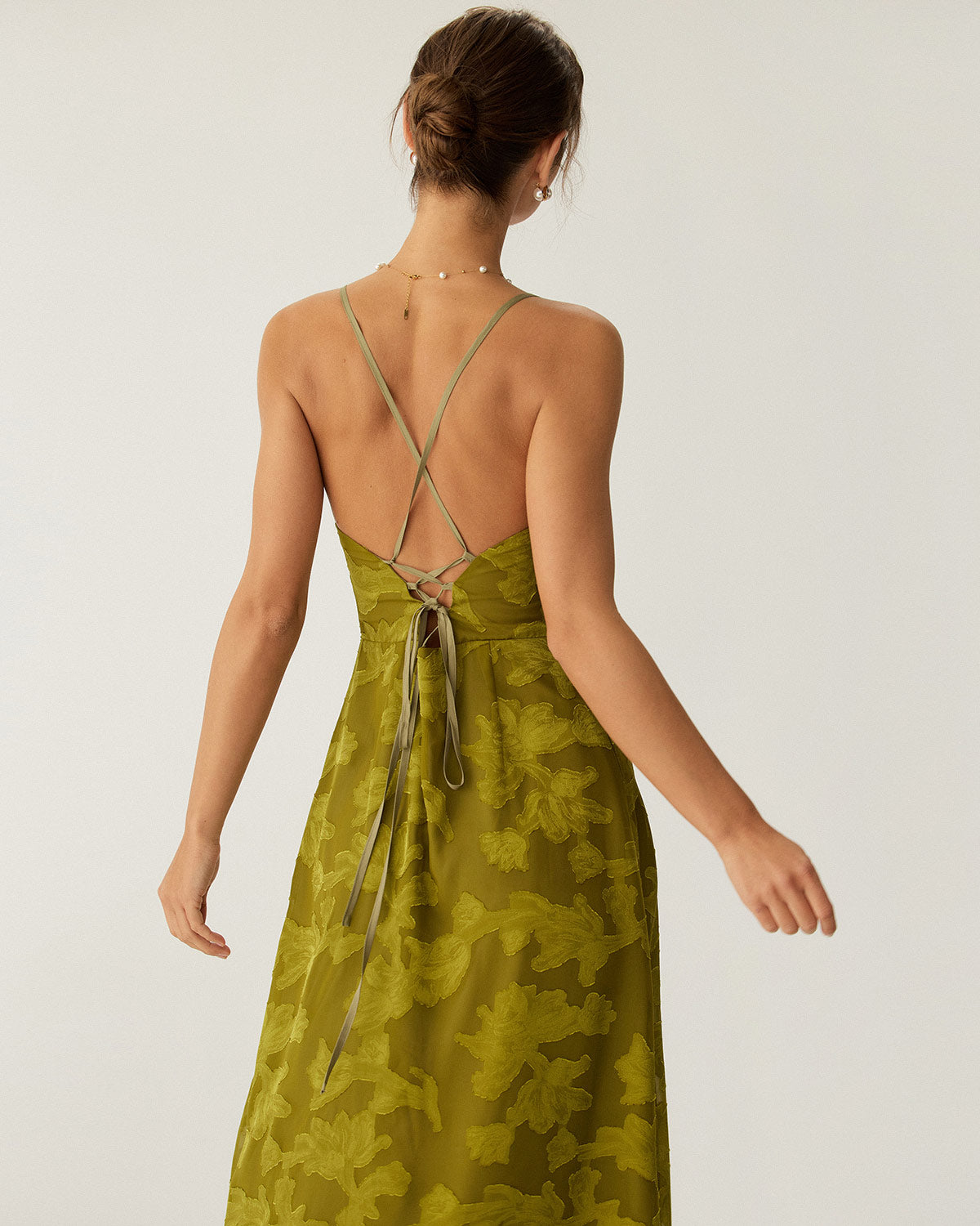 Green Floral Slip Maxi Dress with Ruching and Open Back