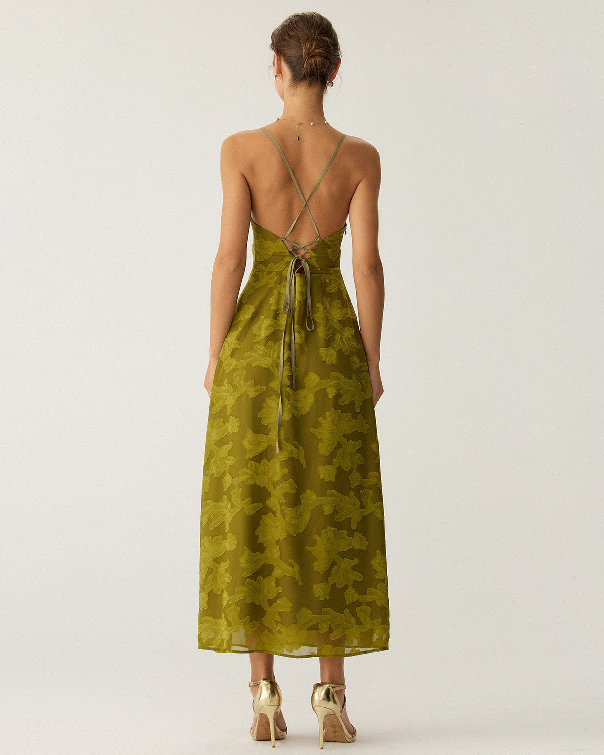 Green Floral Slip Maxi Dress with Ruching and Open Back