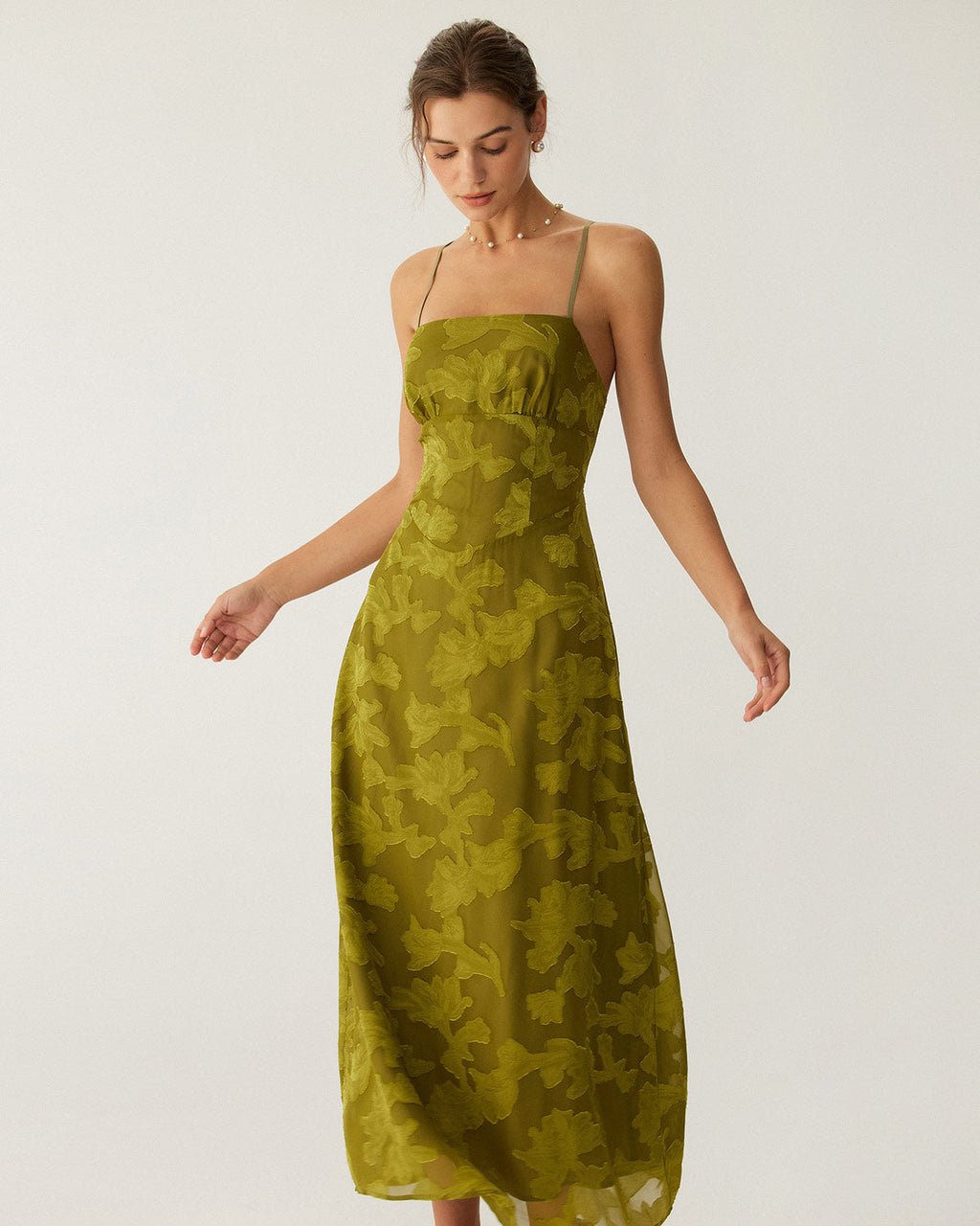 Green Floral Slip Maxi Dress with Ruching and Open Back