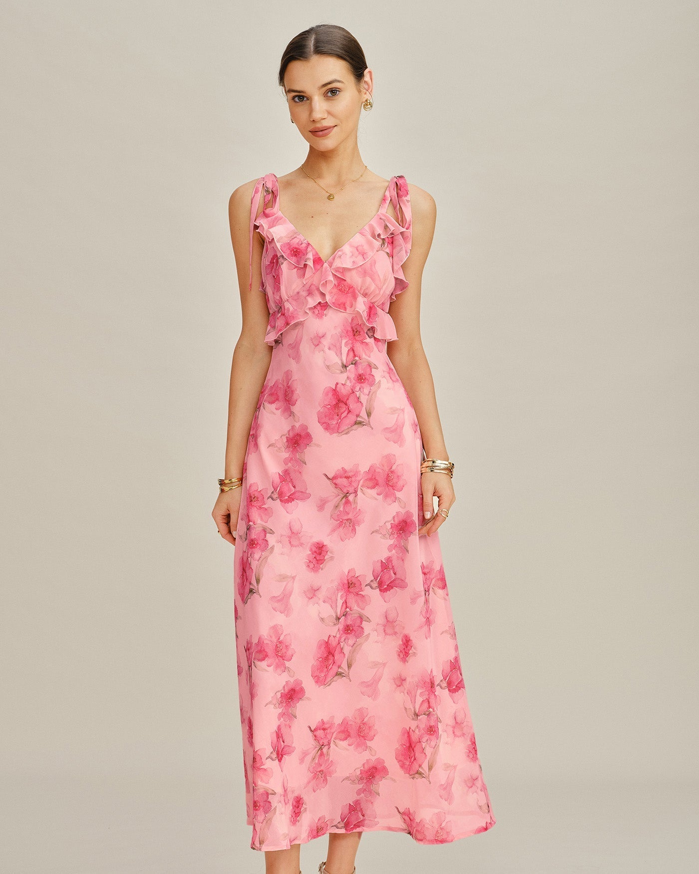 Pink Floral Chiffon Slip Maxi Dress with Ruffles