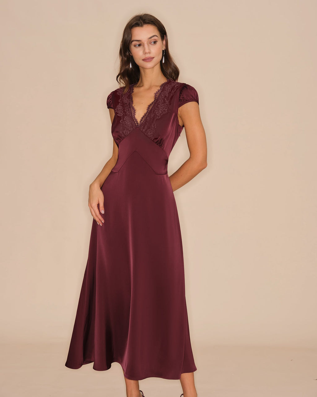Wine Red Lace Maxi Dress with V-Neck