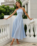 Blue Satin Halter Maxi Dress with Contrast