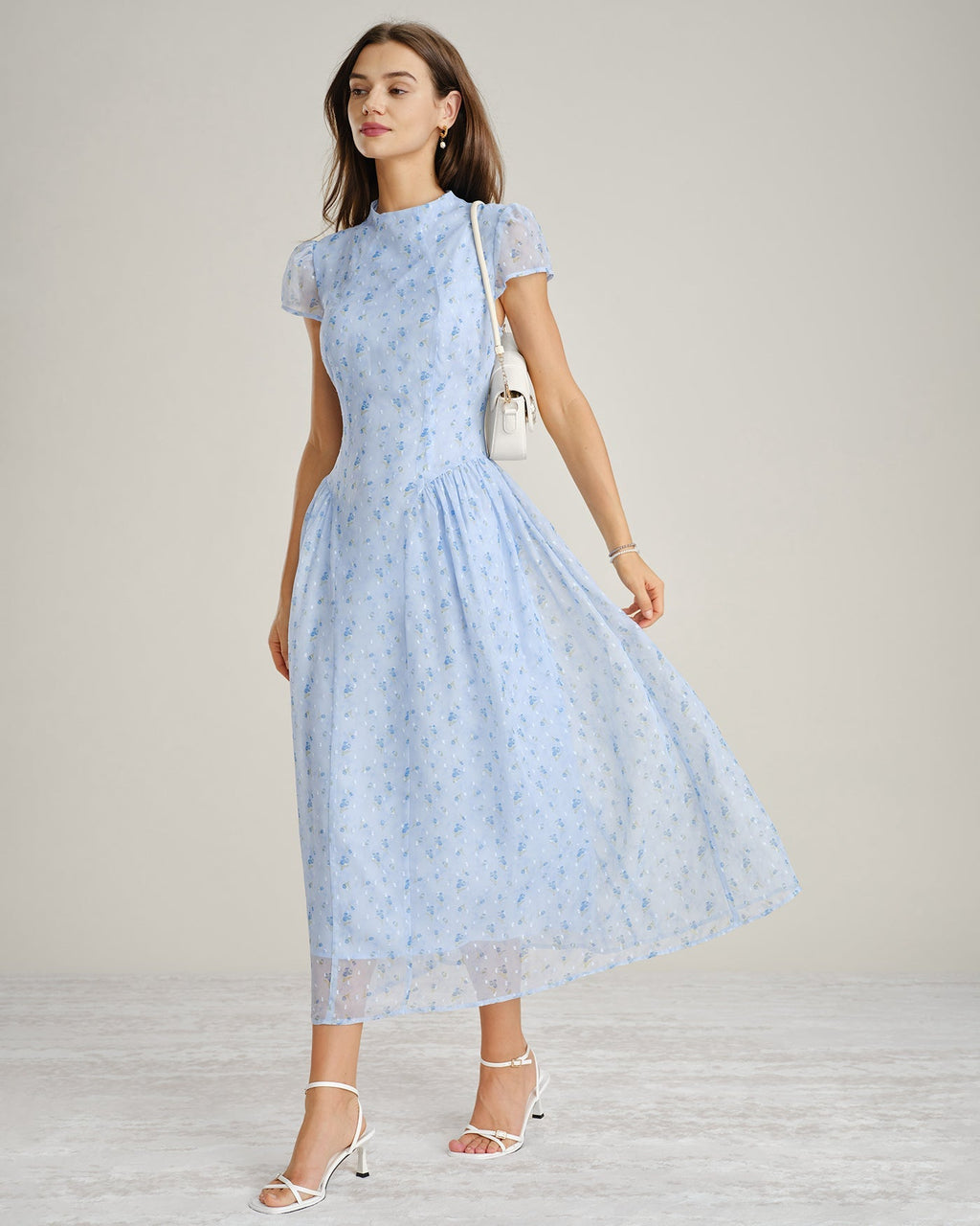 Blue Floral Chiffon Maxi Dress with High Neck