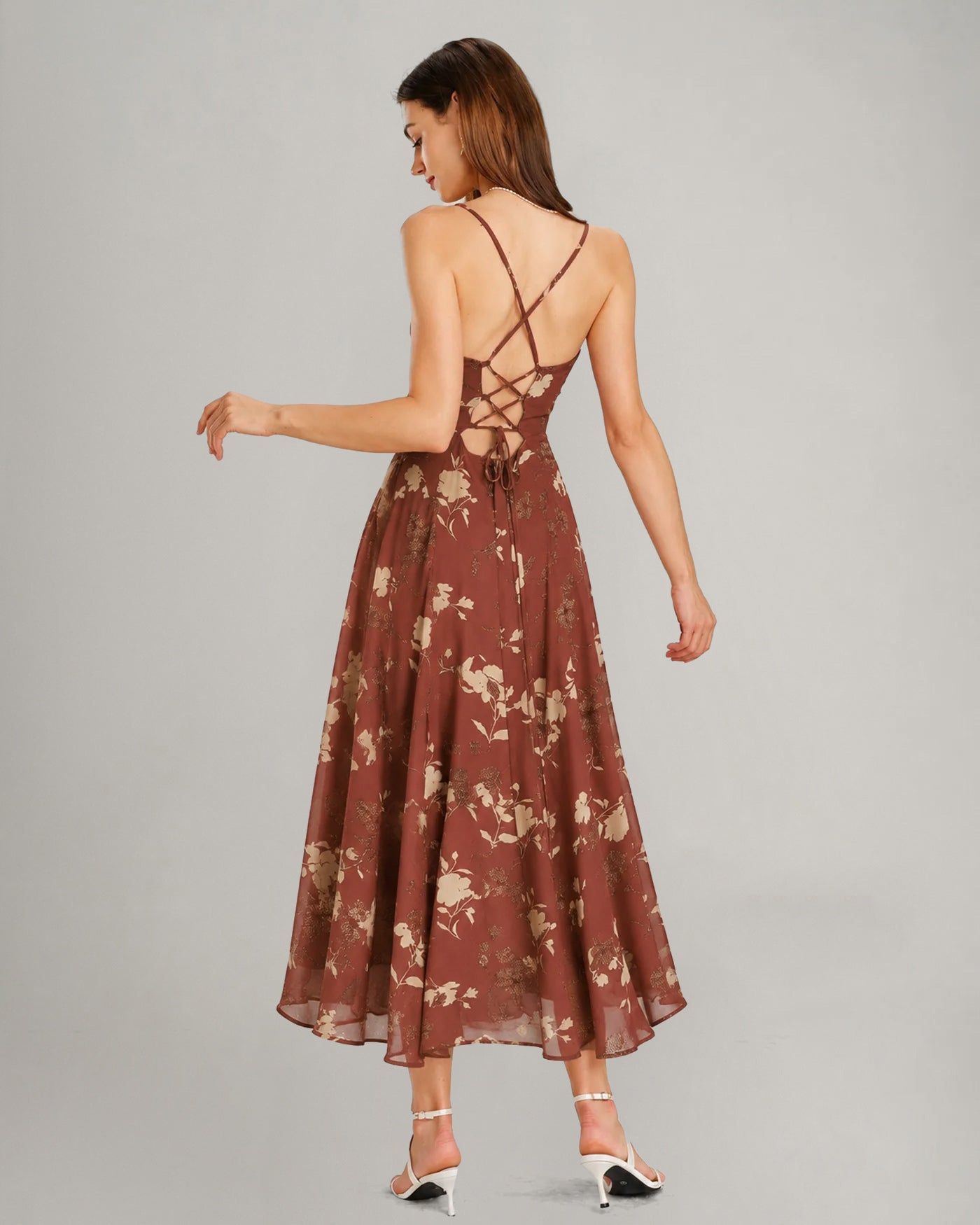 Red Floral Maxi Dress with Square Neck and Cross Back