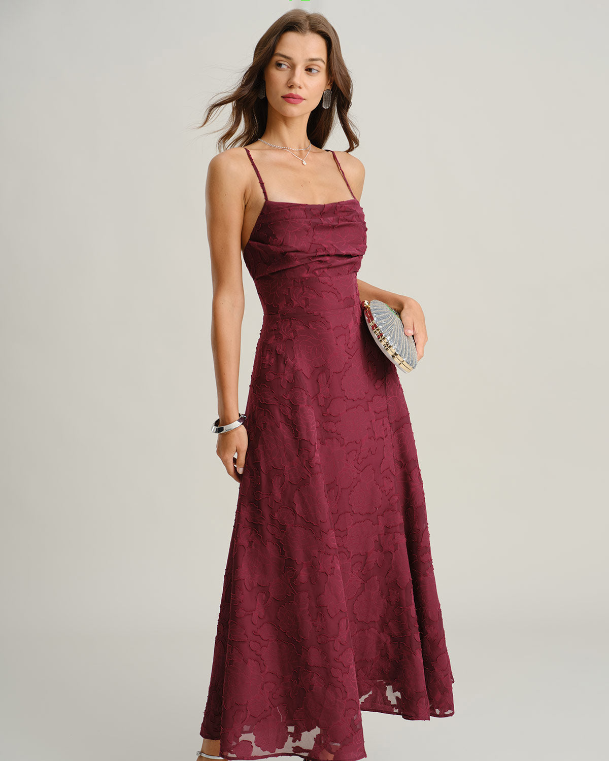 Wine Red Jacquard Maxi Dress
