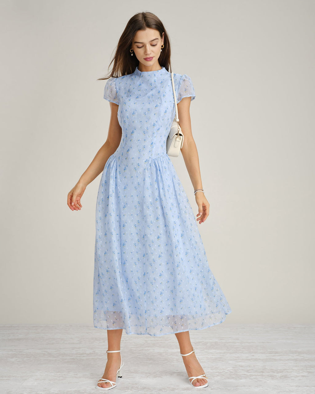 Blue Floral Chiffon Maxi Dress with High Neck