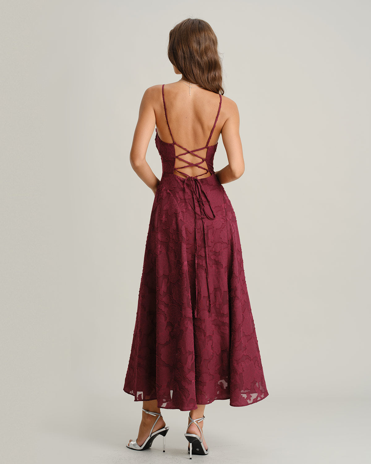 Wine Red Jacquard Maxi Dress