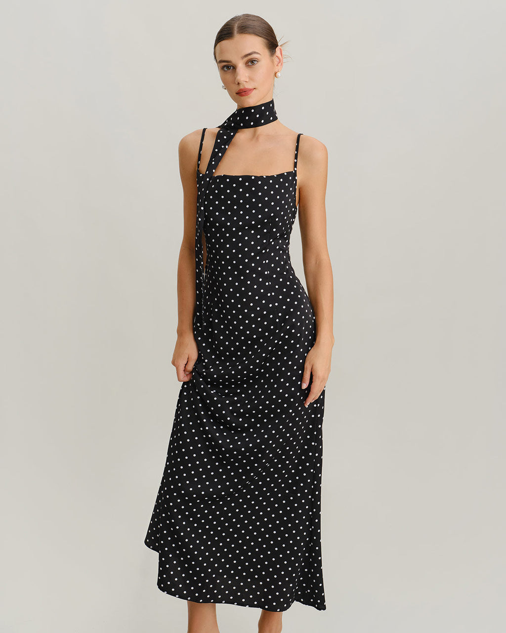 Black Polka Dot Slip Maxi Dress with Cowl Neck