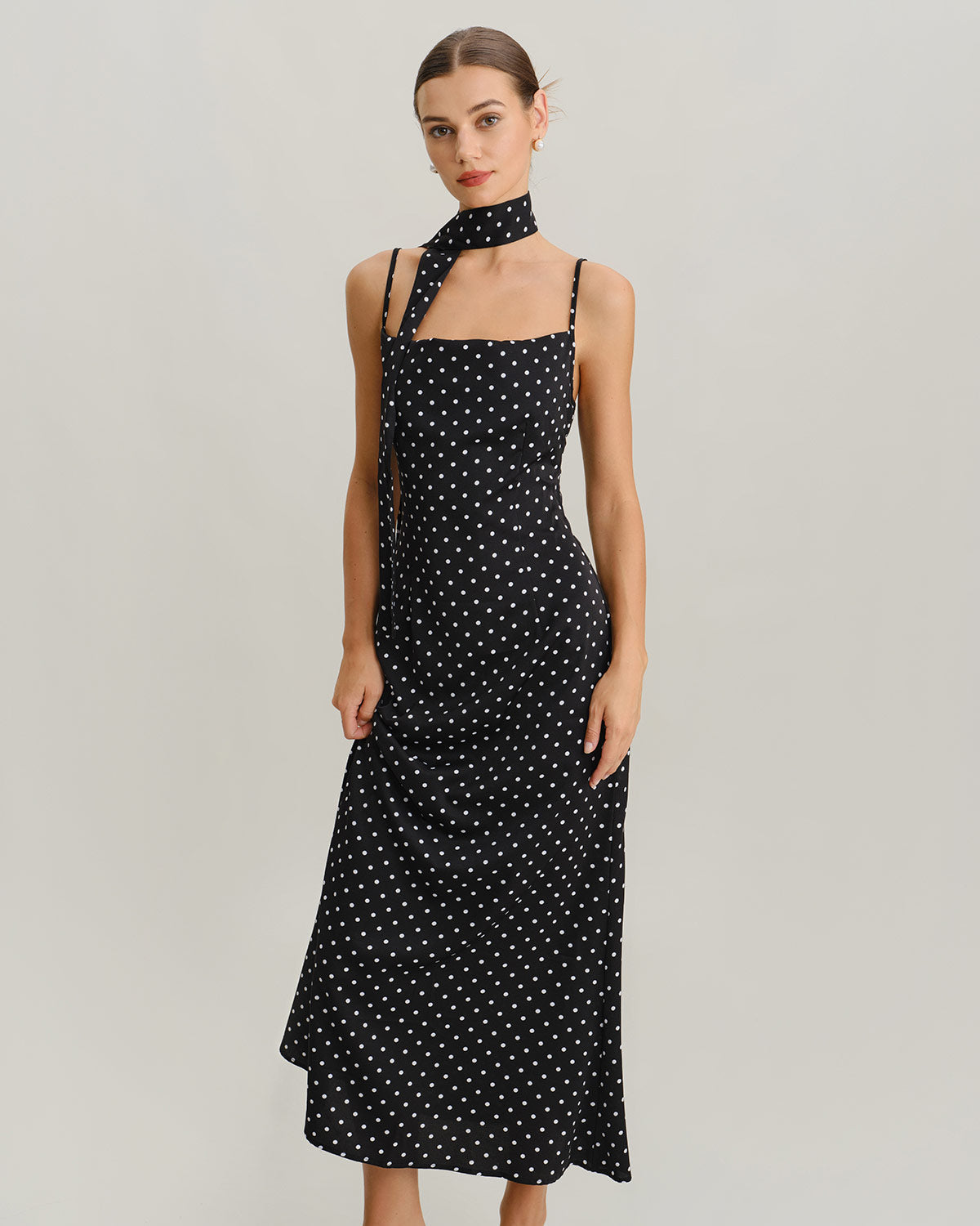 Black Polka Dot Slip Maxi Dress with Cowl Neck