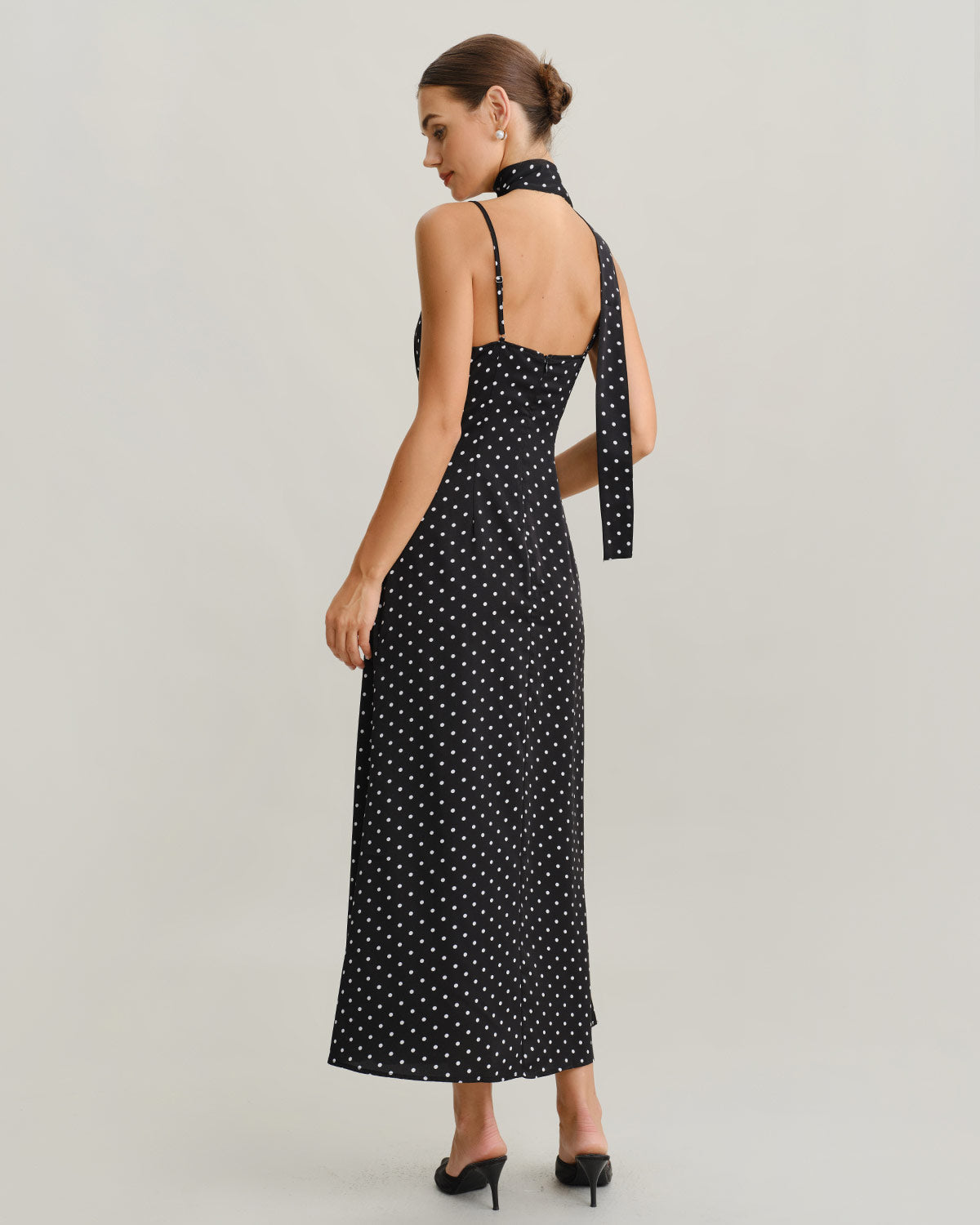 Black Polka Dot Slip Maxi Dress with Cowl Neck