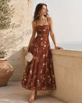 Red Floral Maxi Dress with Square Neck and Cross Back