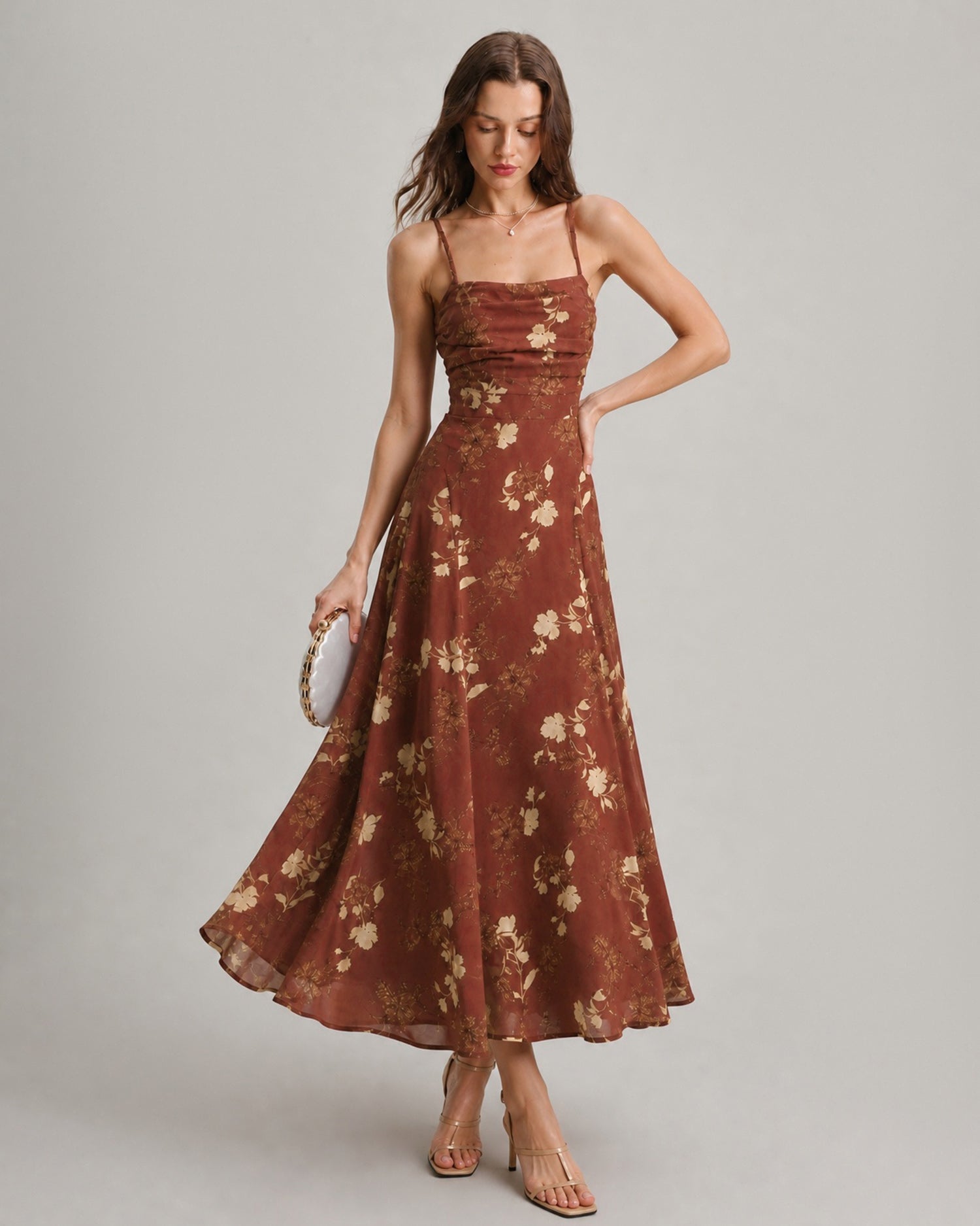 Red Floral Maxi Dress with Square Neck and Cross Back