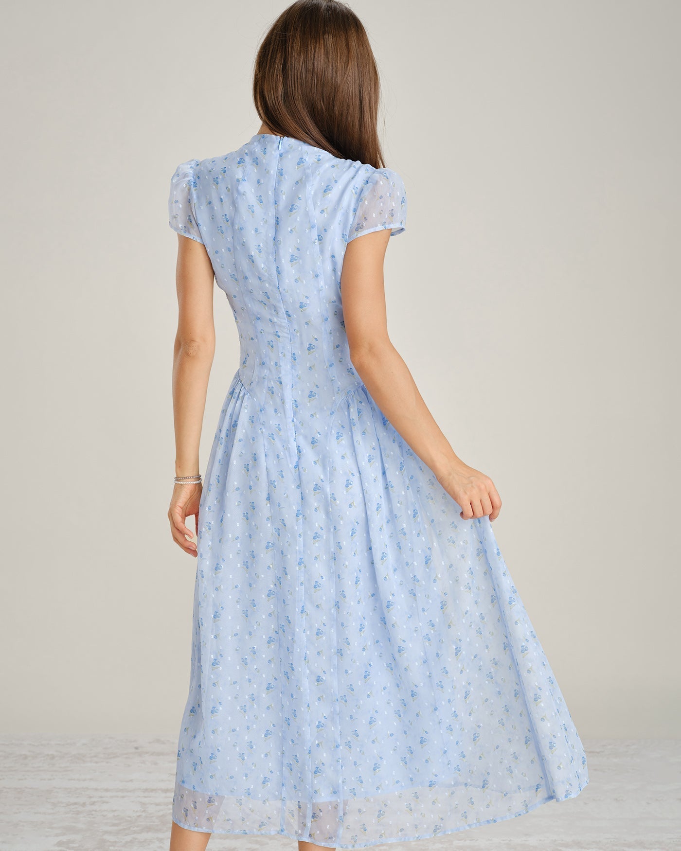 Blue Floral Chiffon Maxi Dress with High Neck
