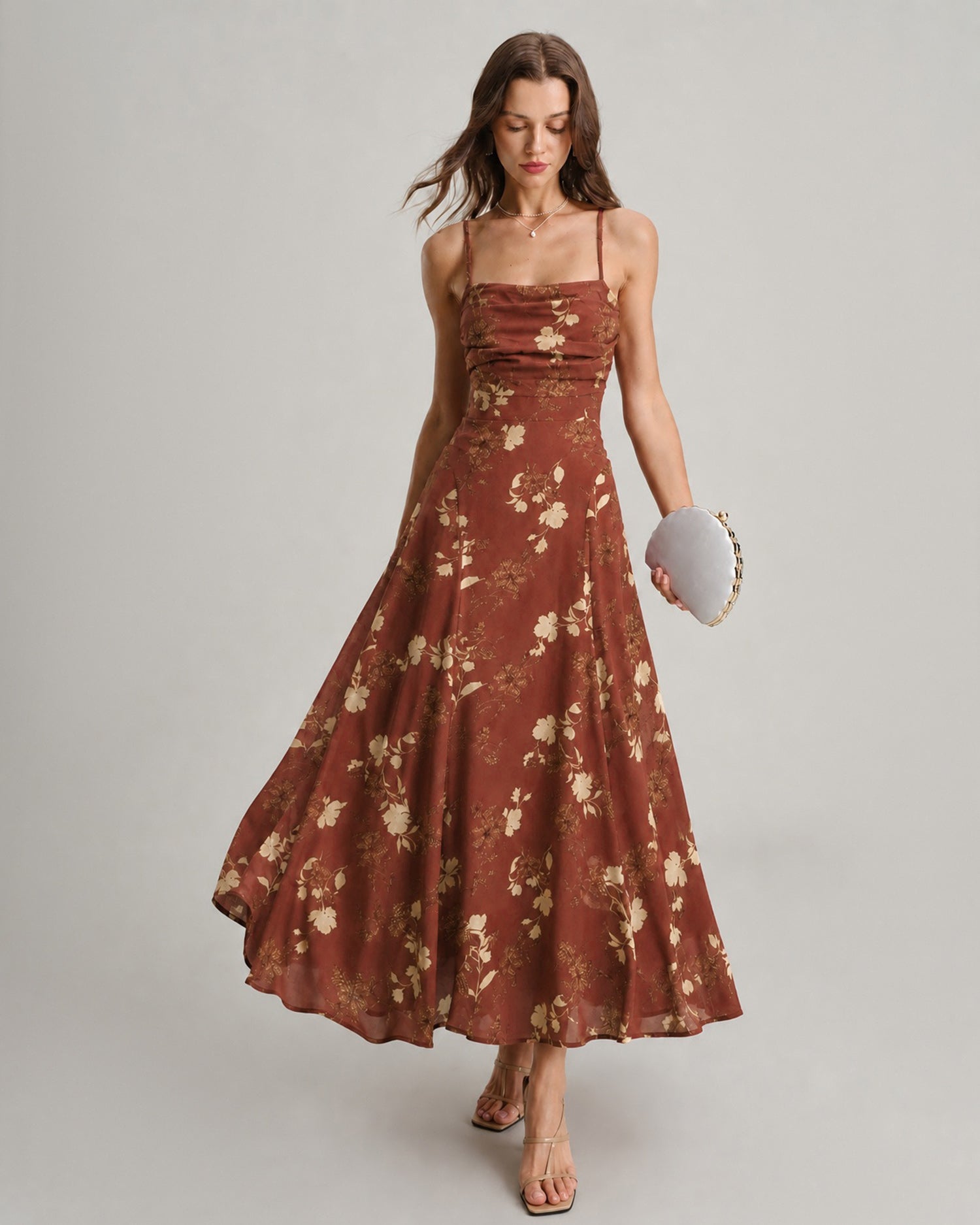 Red Floral Maxi Dress with Square Neck and Cross Back