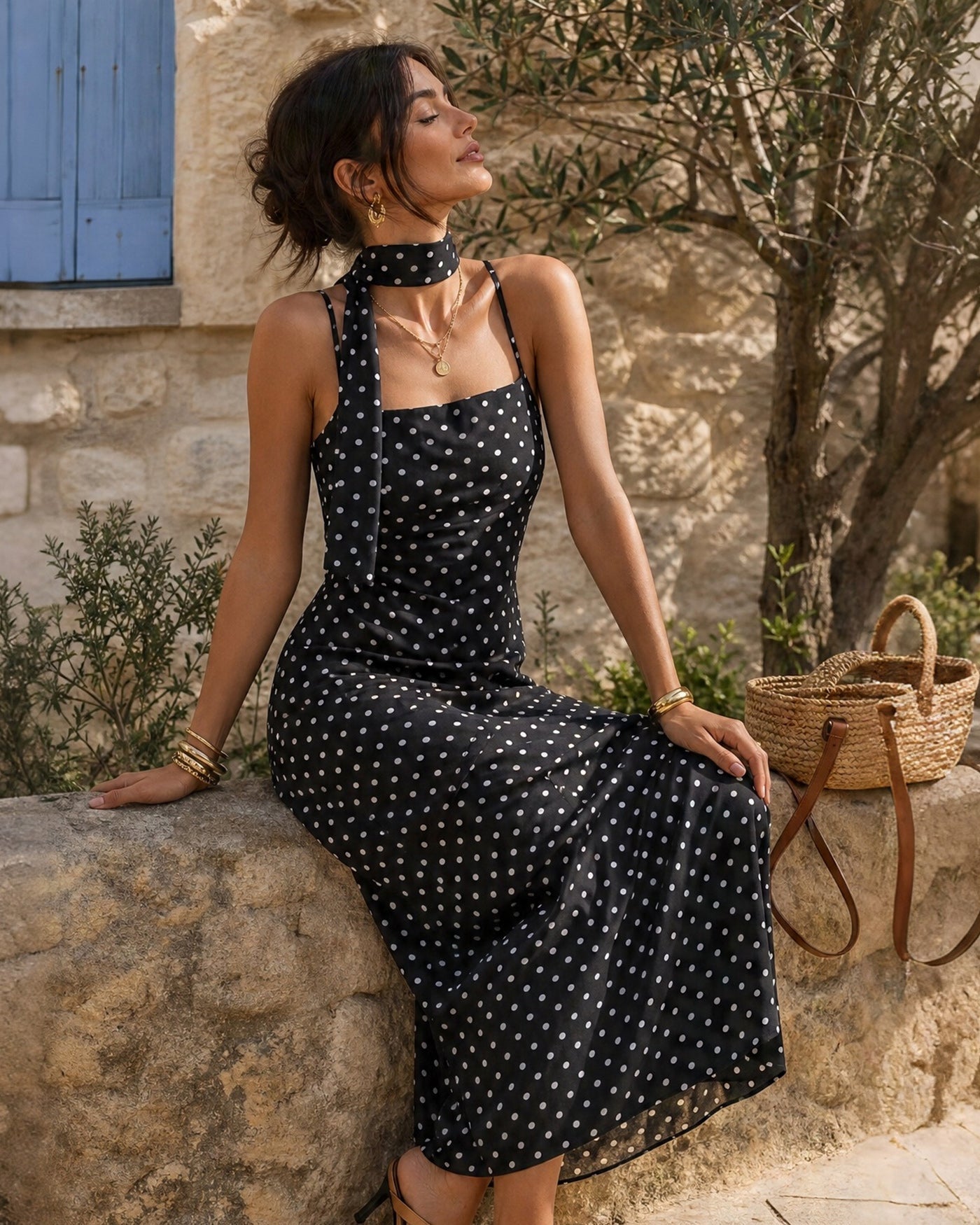 Black Polka Dot Slip Maxi Dress with Cowl Neck