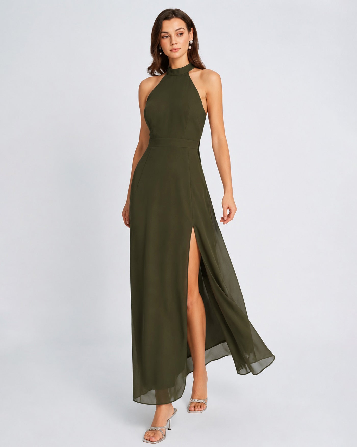 Green Chiffon Maxi Dress with High Neck and Slit