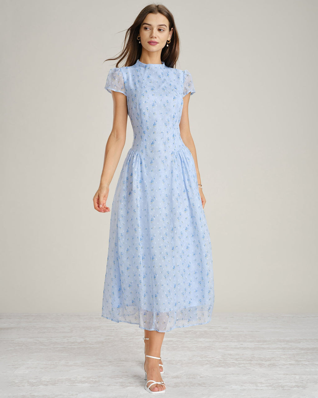 Blue Floral Chiffon Maxi Dress with High Neck