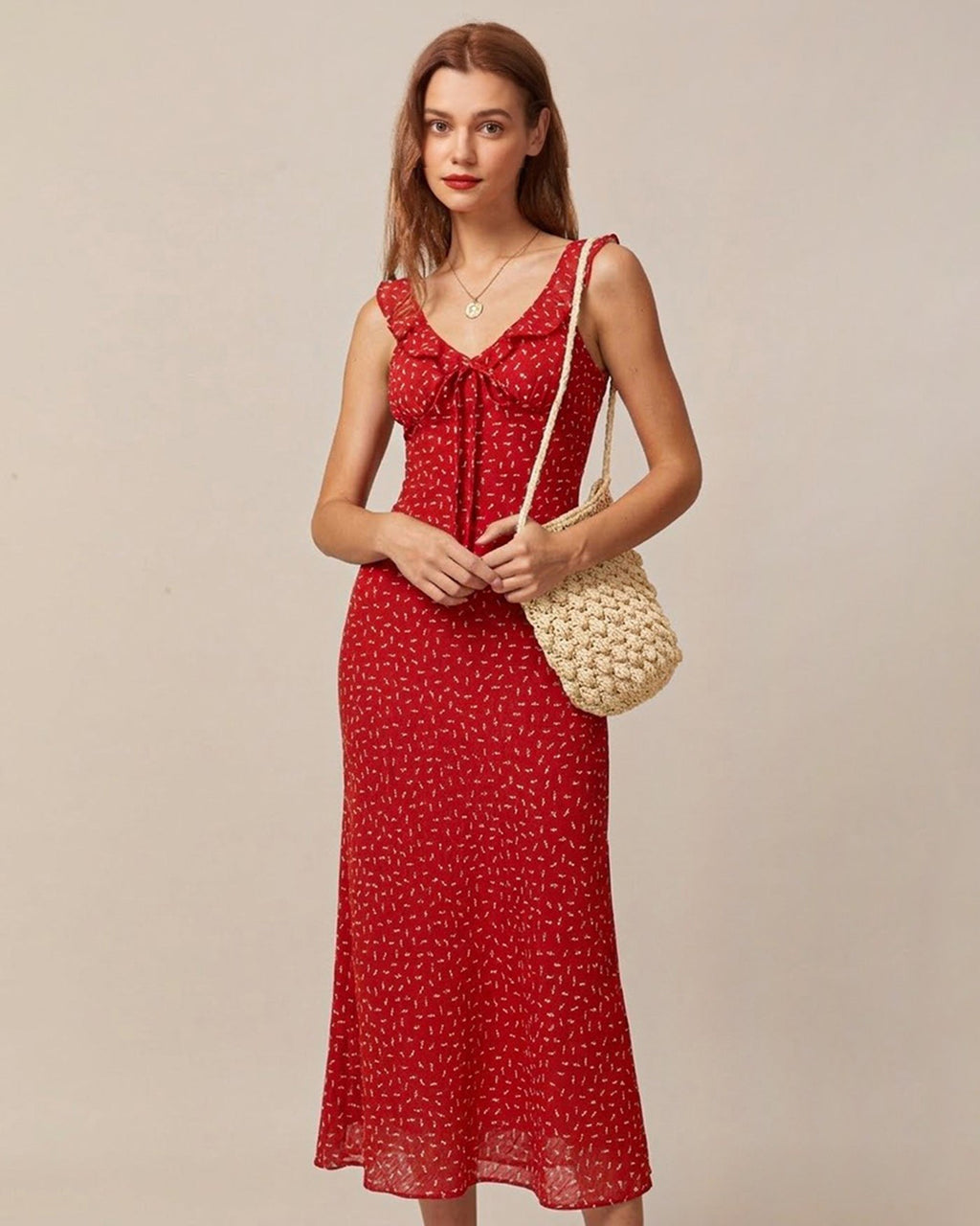 Red Floral Maxi Dress with V-Neck and Ruffles