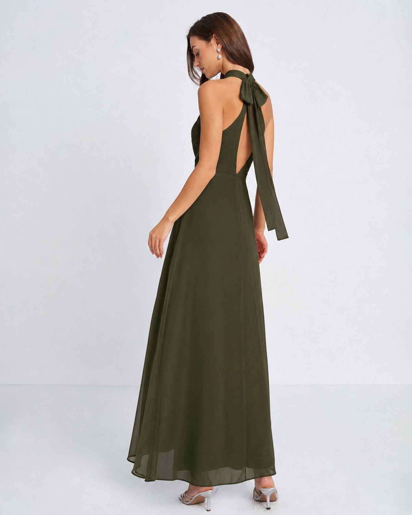 Green Chiffon Maxi Dress with High Neck and Slit