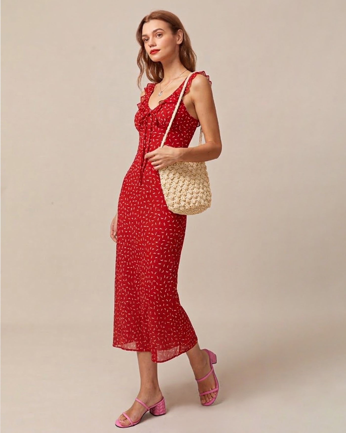 Red Floral Maxi Dress with V-Neck and Ruffles