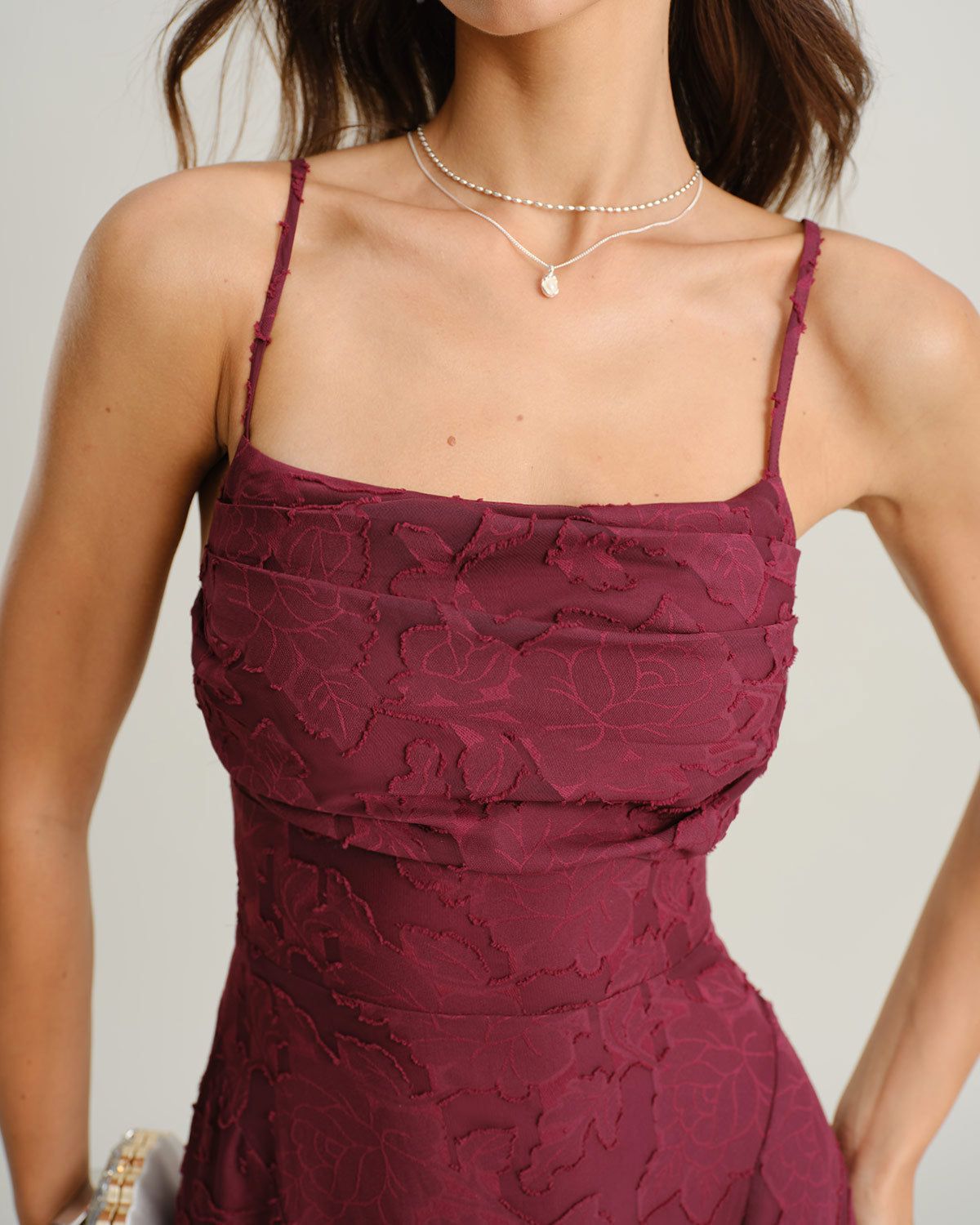 Wine Red Jacquard Maxi Dress