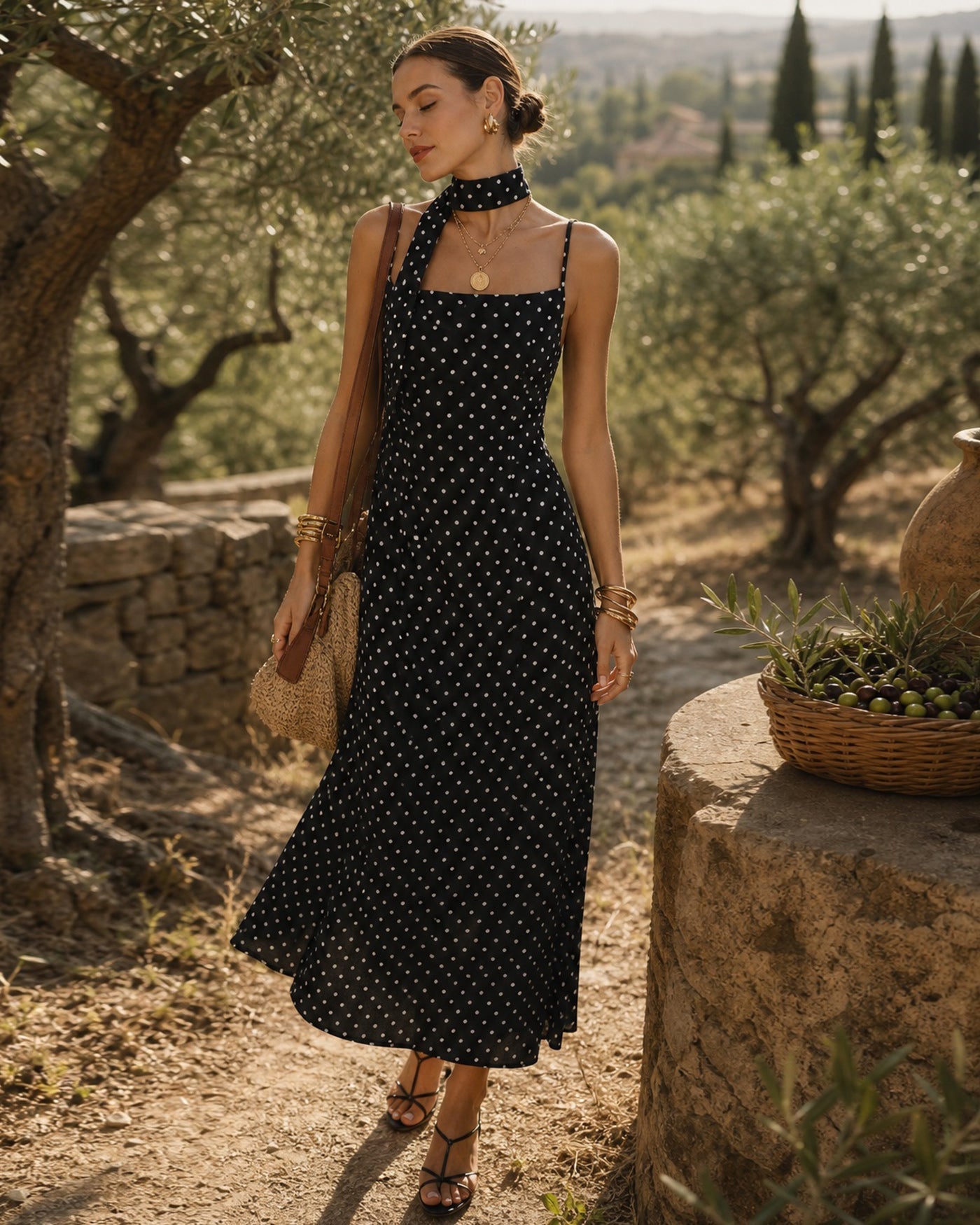 Black Polka Dot Slip Maxi Dress with Cowl Neck