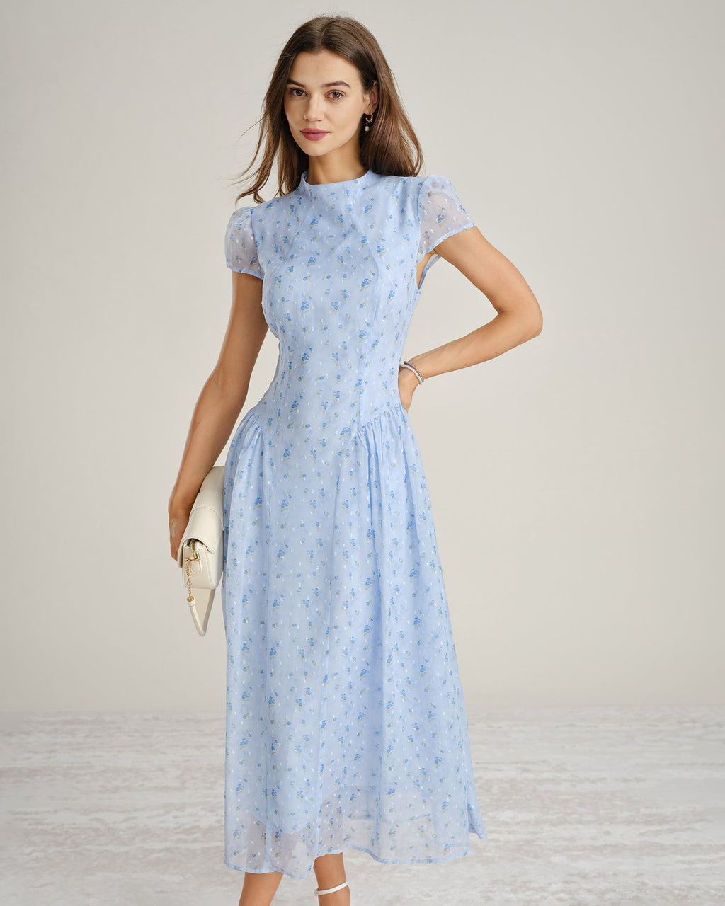 Blue Floral Chiffon Maxi Dress with High Neck