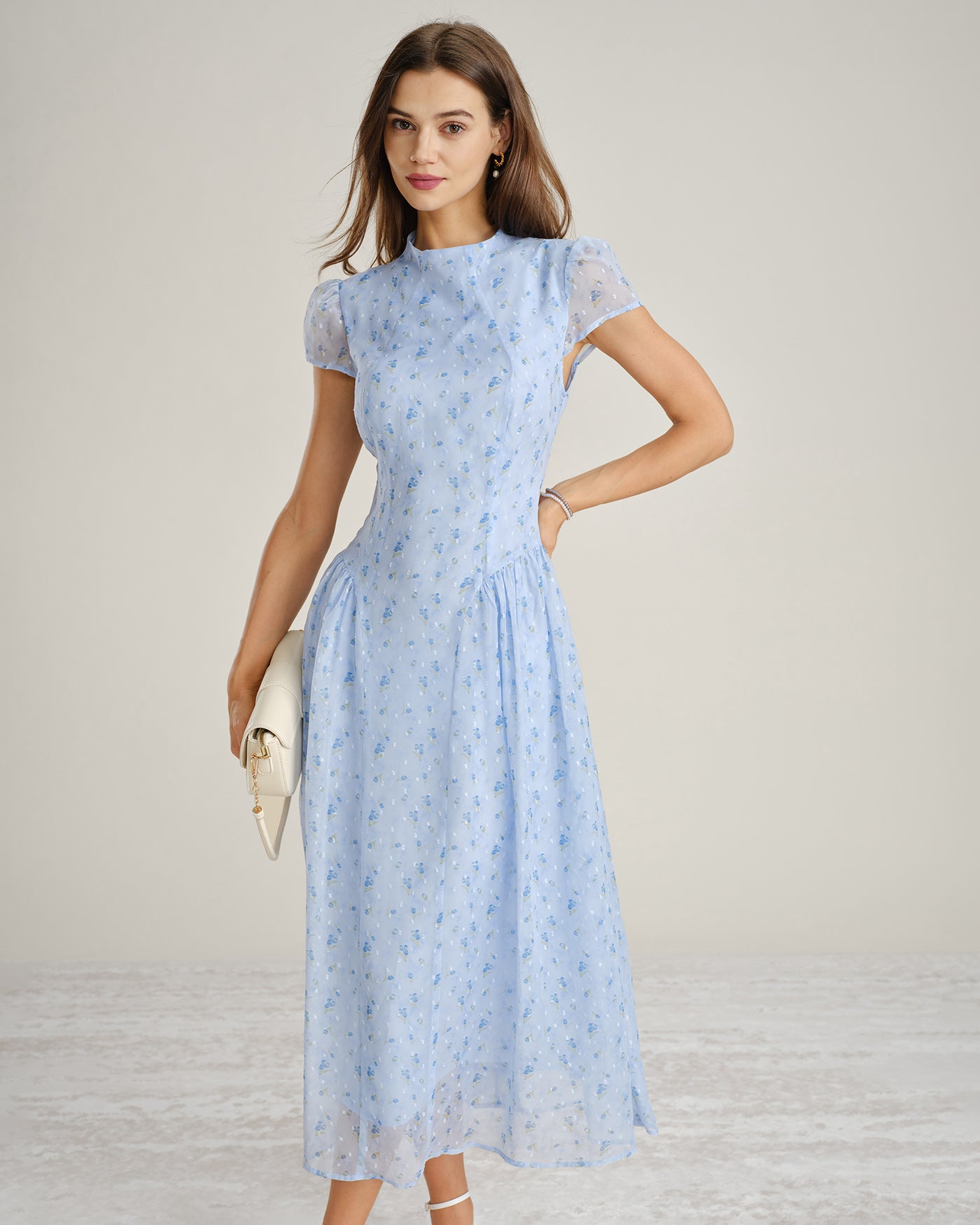 Blue Floral Chiffon Maxi Dress with High Neck