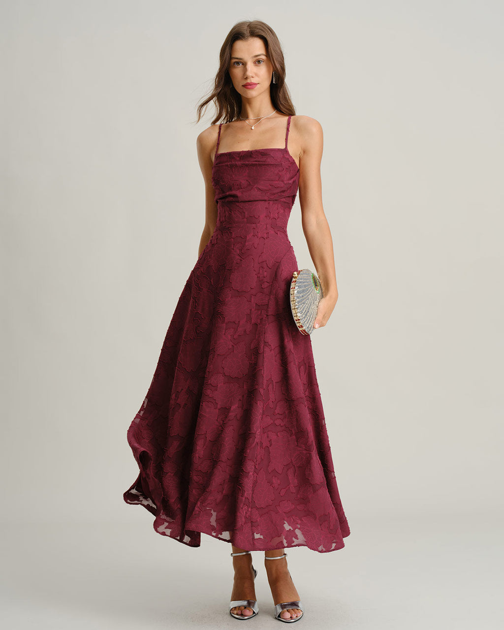 Wine Red Jacquard Maxi Dress