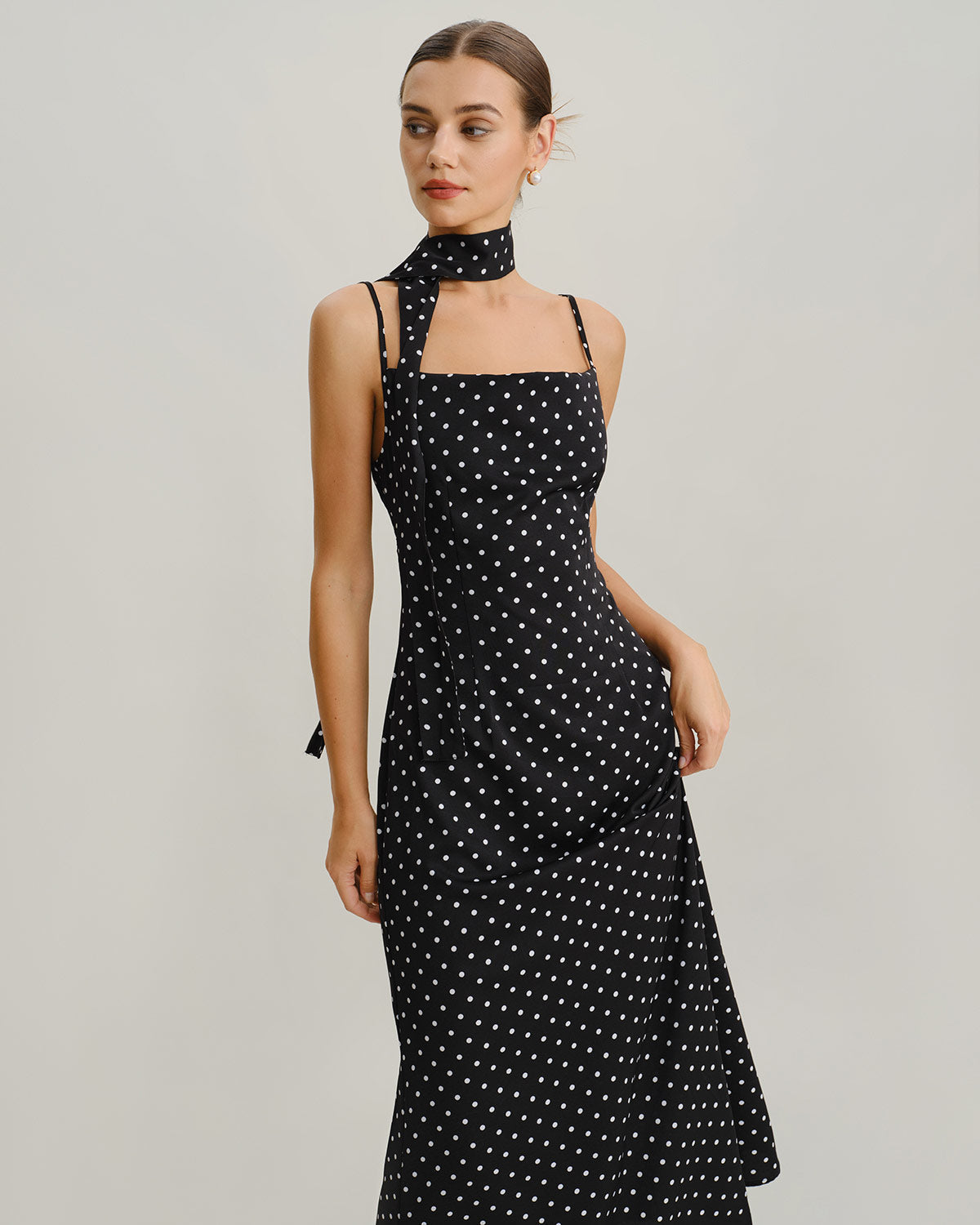 Black Polka Dot Slip Maxi Dress with Cowl Neck