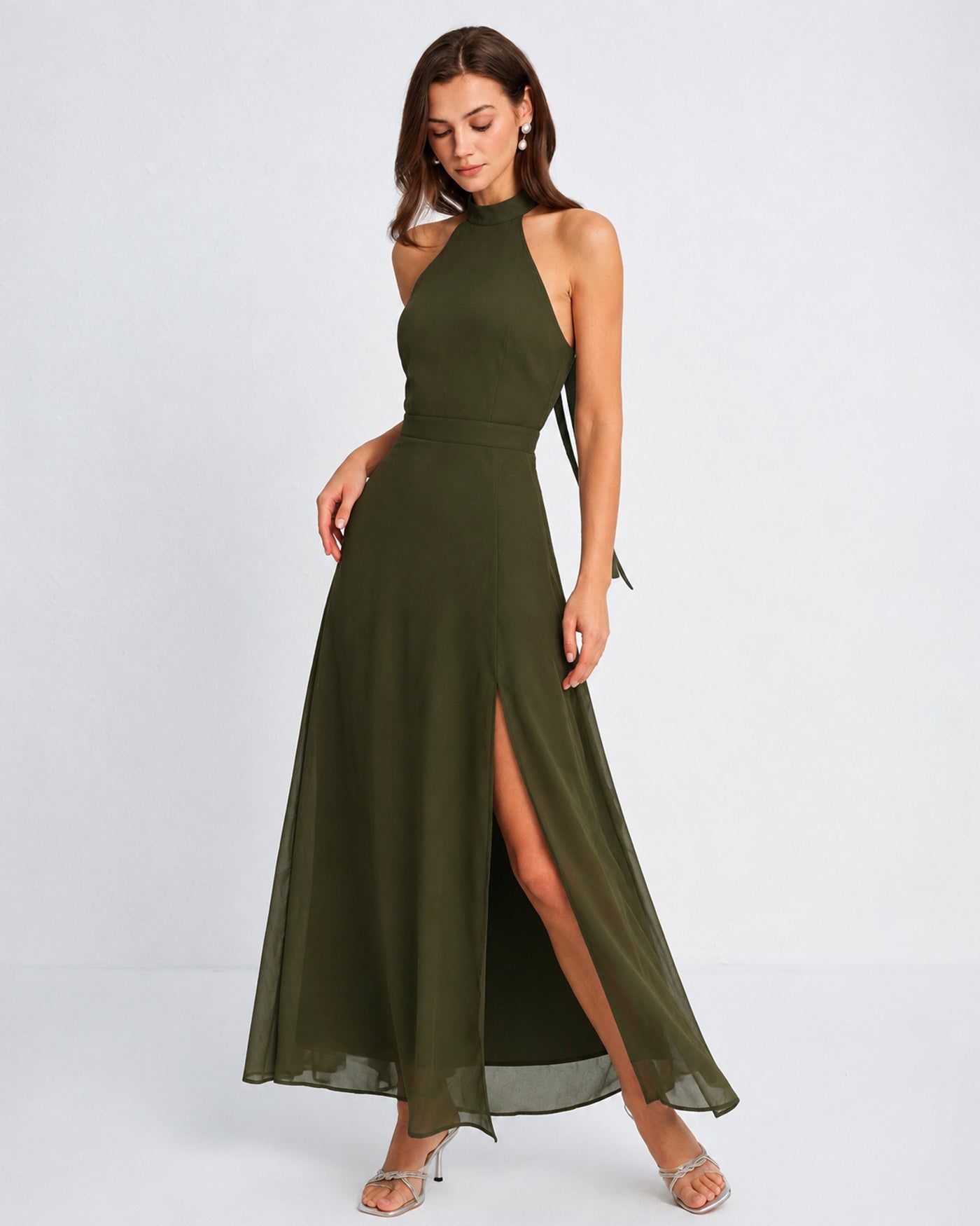 Green Chiffon Maxi Dress with High Neck and Slit
