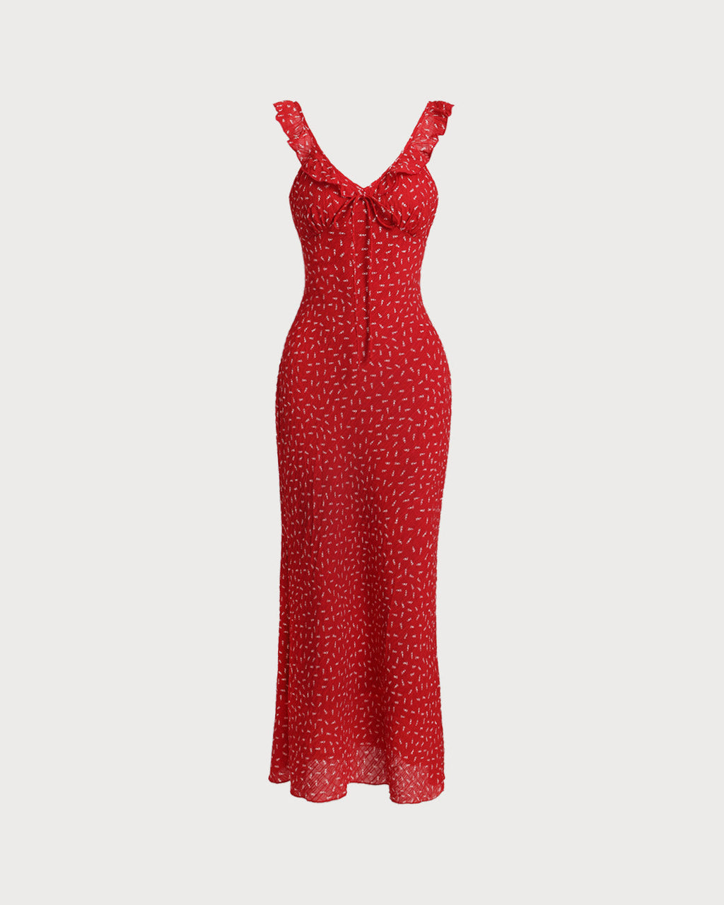 Red Floral Maxi Dress with V-Neck and Ruffles