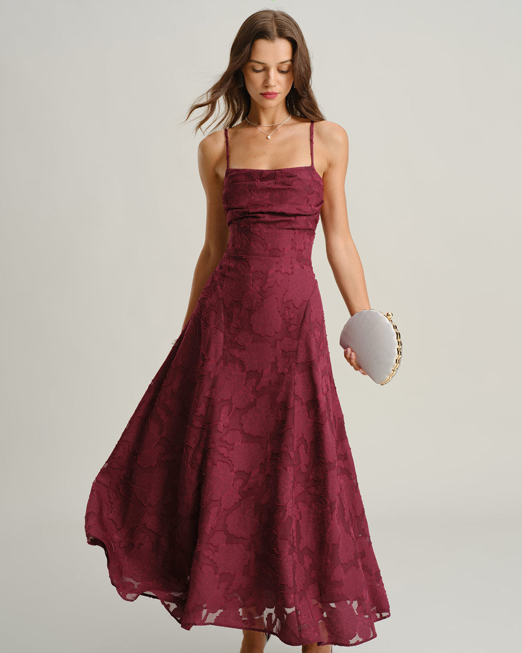 Wine Red Jacquard Maxi Dress