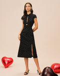 Black Polka Dot Midi Dress with Mandarin Collar