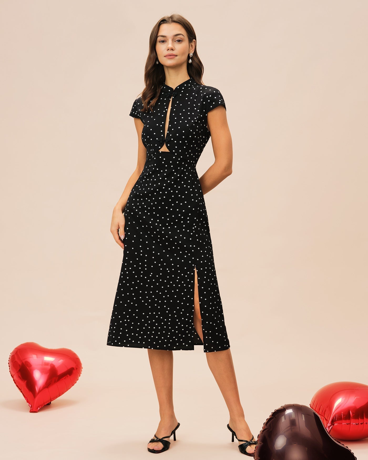 Black Polka Dot Midi Dress with Mandarin Collar